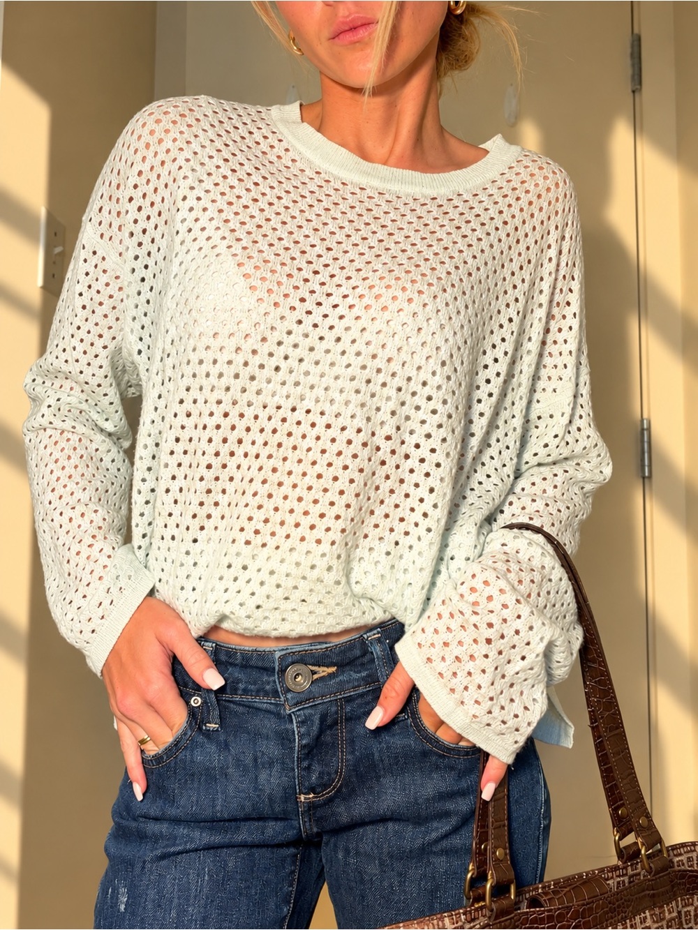 McLaughlin light blue cashmere and Lenin open knit sweater